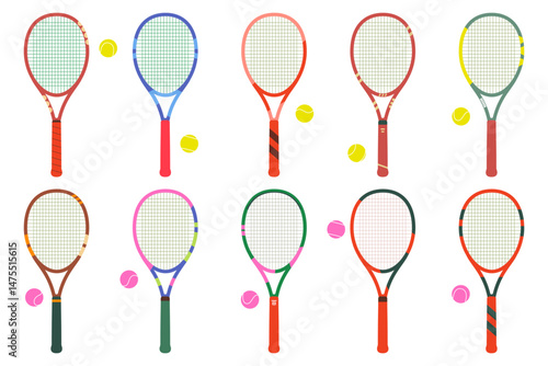 Set of ten tennis rackets of different colors and patterns. Sports equipment and balls for tennis on white isolated background.