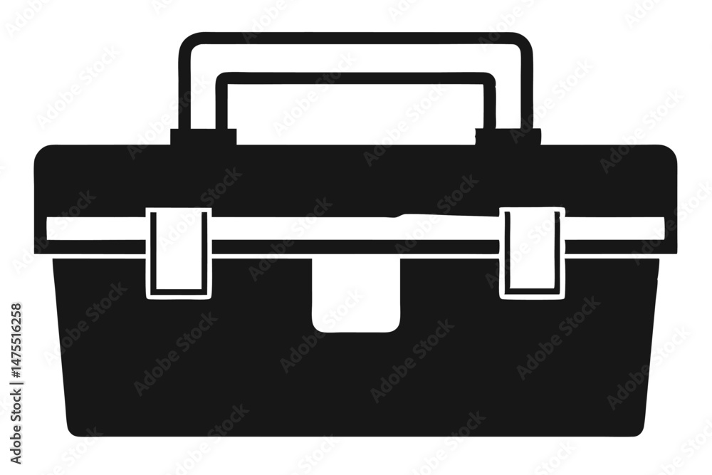 Black toolbox in bold silhouette displays secure latches and comfortable carry handle in center view Black toolbox in bold silhouette displays secure latches and comfortable carry handle in center view
