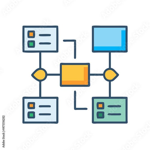 Colorful conceptual network diagram with connected components illustration
