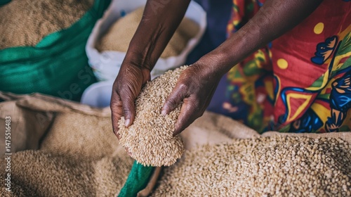 Hands Sorting Grains of Rice in Fair Trade Cooperative Community