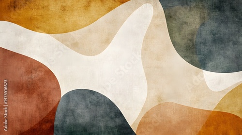 Abstract digital illustration features overlapping organic shapes in muted earthy tones and white.