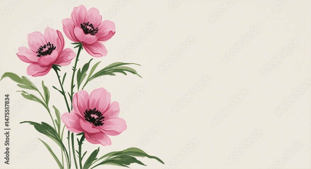 Fototapeta premium Elegant pink flowers with lush green leaves on a soft cream background, perfect for floral designs and decor