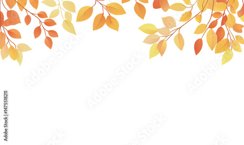  A simple vector-style background with an autumn border of orange and yellow leaves in the top-right corner, transparent white background,
