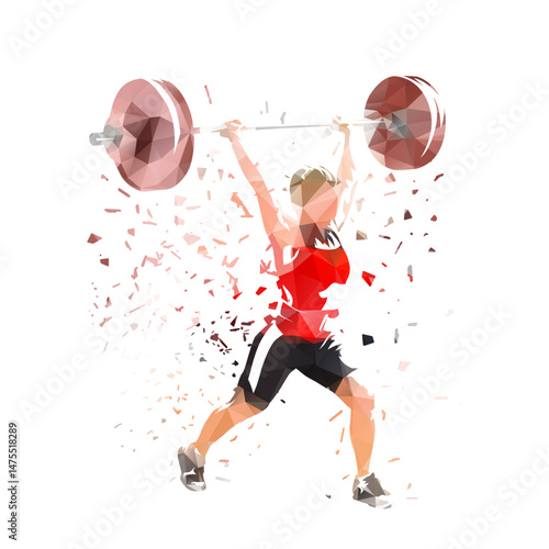 Weightlifting, woman lifting big barbell, isolated low polygonal vector illustration