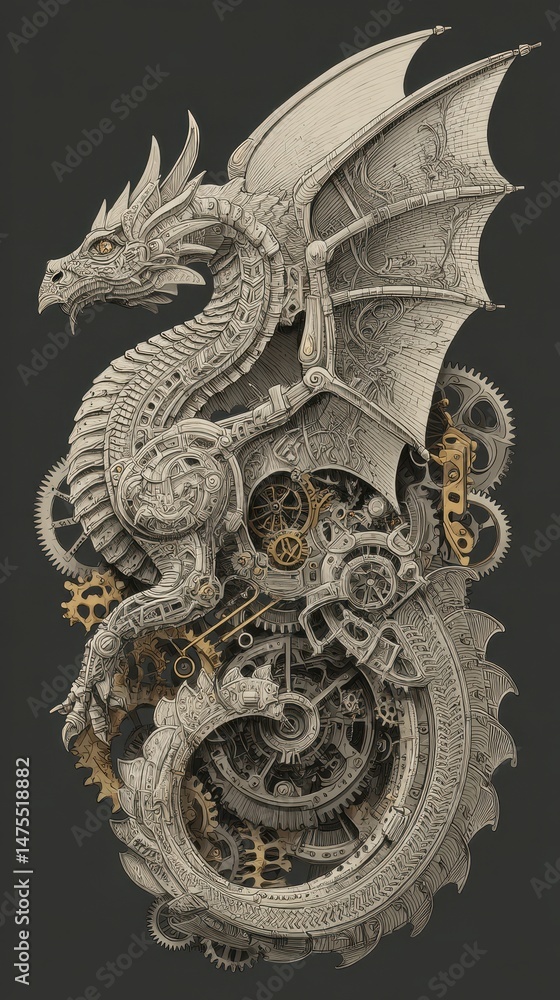 Fototapeta premium Intricate, mechanical dragon sculpture design.