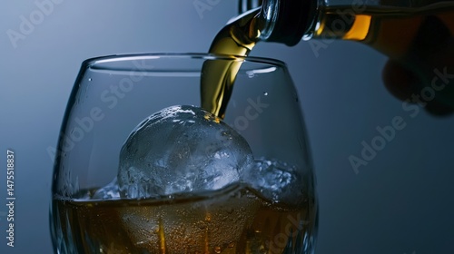 Close Up of Whisky Being Poured Over Large Ice Sphere in Tumbler