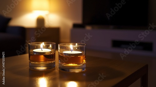Intimate Gathering with Whisky Glasses and Candlelight Reflection