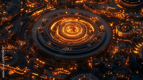 Wallpaper Mural Abstract glowing orange mechanical gears complex system design 3d art dark cogs punk metal light Torontodigital.ca