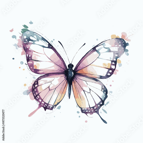 Colorful Watercolor Butterfly Against White Background  