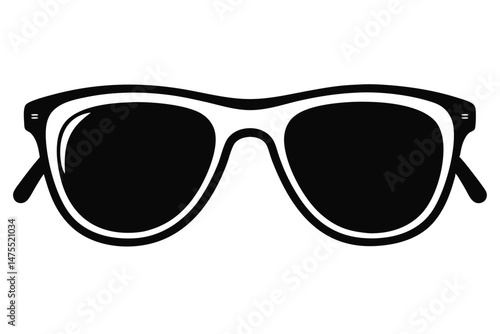 Black silhouette of wayfarer style sunglasses with a white frame rests on a white backdrop