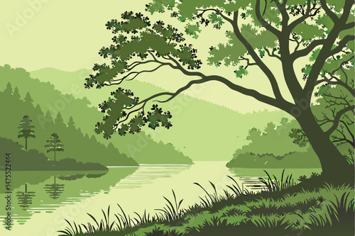 11 a lush, verdant forest with a serene, mirror-like lake, vibrant green foliage reflecting on the calm waters, a solitary tree with twisting branches dipping into the tranquil surface, a dreamlike, h