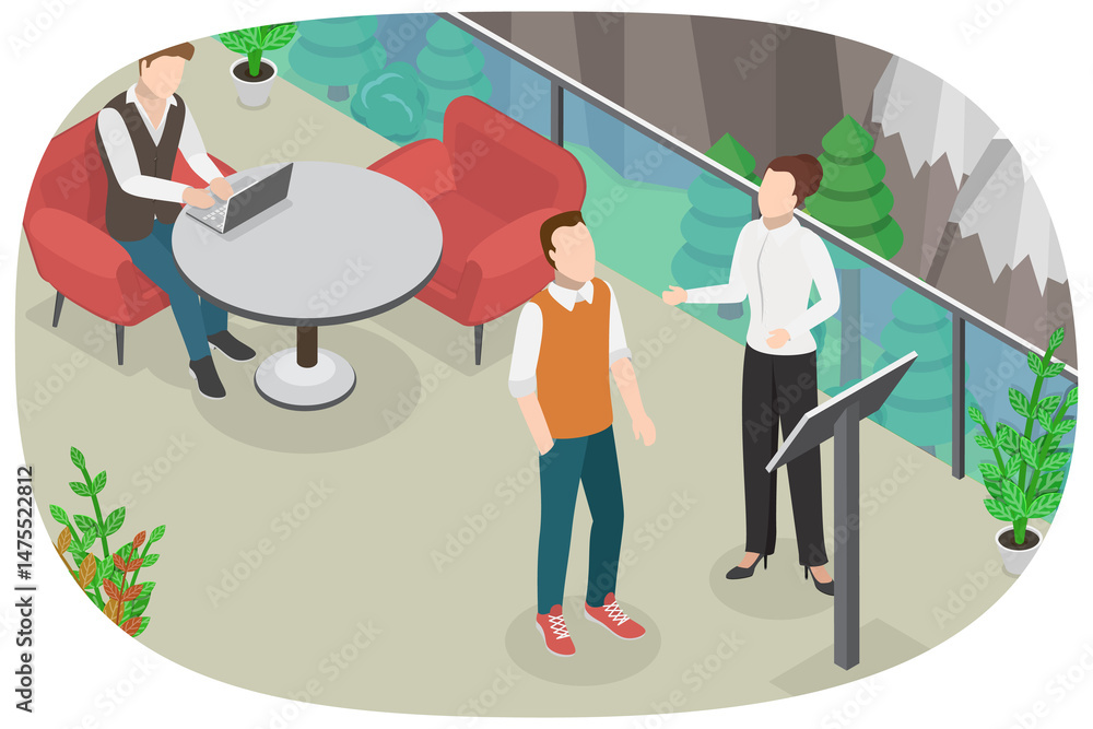 Fototapeta premium 3D Isometric Flat Illustration of Hotel Rooftop Terrace, Mountain Resort Restaurant