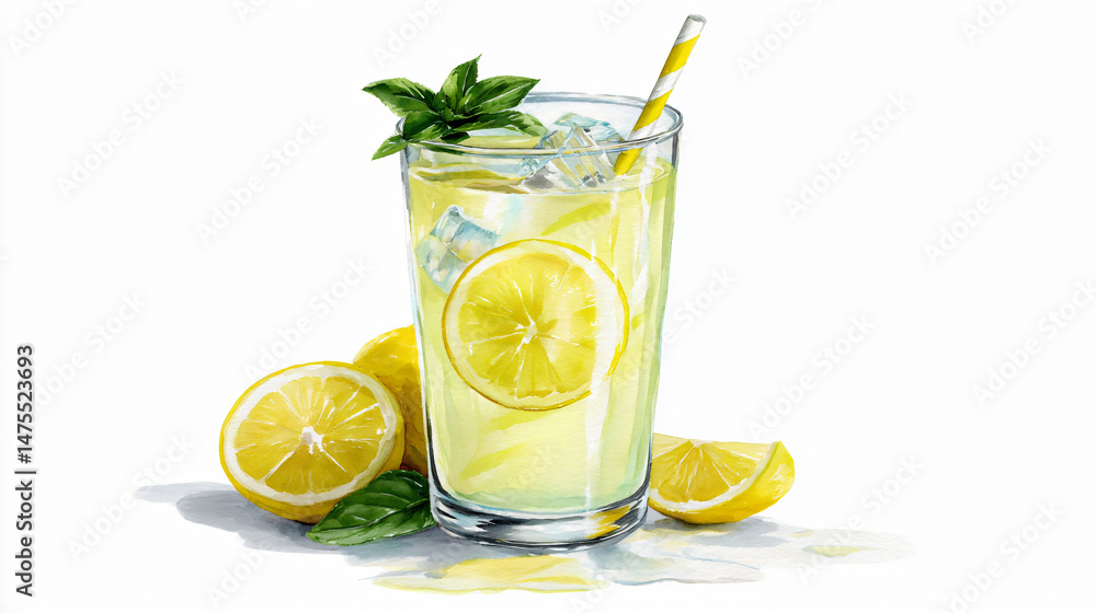 Fototapeta premium Refreshing Summer Lemonade Drink Cold Recipe Chill Citrus Mint Lemon Lime Glass Ice Sweet Sour Natural Mocktail Beverage Healthy Refreshment Drink Hydration Tall Transparent Tropical Quench