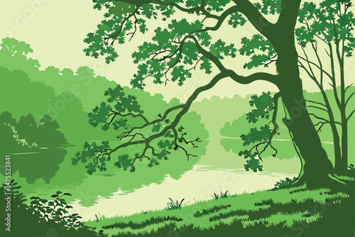 11 a lush, verdant forest with a serene, mirror-like lake, vibrant green foliage reflecting on the calm waters, a solitary tree with twisting branches dipping into the tranquil surface, a dreamlike, h