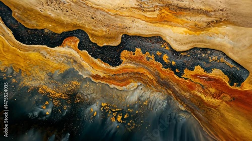 A rocky shoreline with a mix of brown and black colors. The painting has a sense of depth and texture, with the rocks appearing to be layered and the water appearing to be choppy