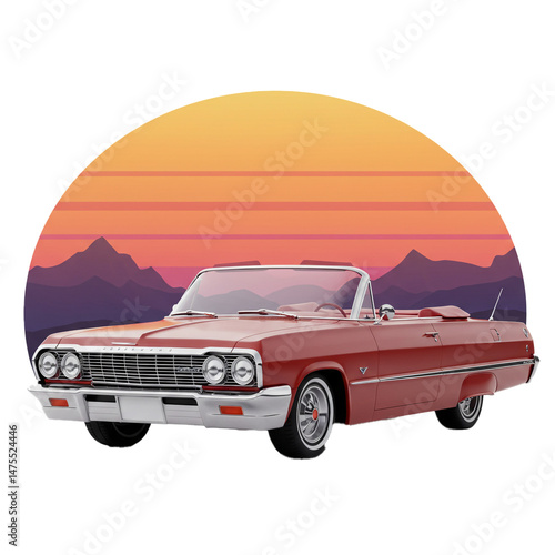 Retro Red Convertible Car Silhouette Against Gradient Sunset Backdrop