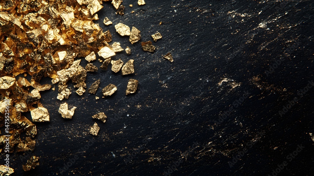 Fototapeta premium Photograph of scattered gold flakes on a dark textured background.