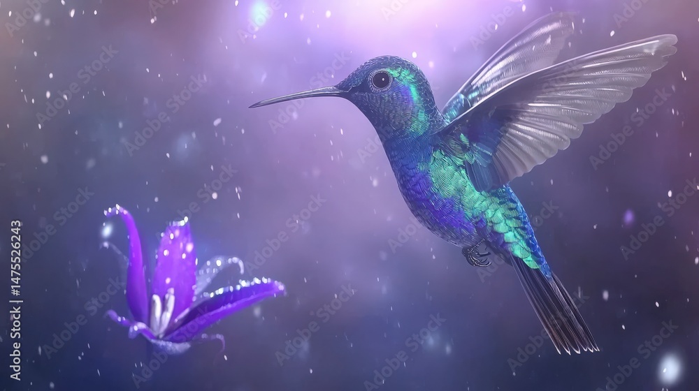 Obraz premium Hummingbird Hovering Near Flower with Soft Bokeh Background