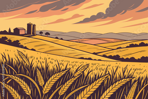 13 golden wheat field in the foreground, rolling hills in the distance, dramatic sunset sky with warm colors, silhouetted silos in the background, beautiful natural landscape, cinematic, highly detail