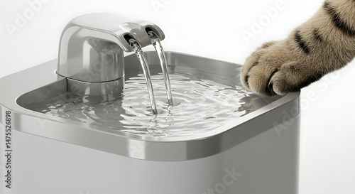 Close-up of a curious tabby cat's paw gently touching the fresh, flowing water in a modern automatic pet drinking fountain