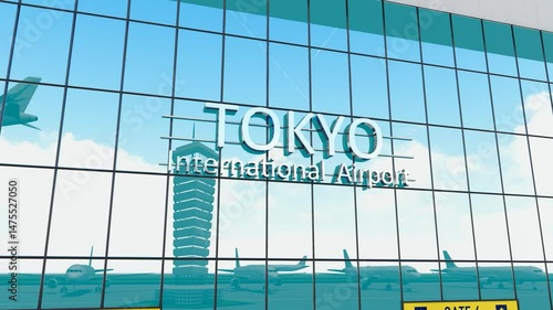 Tokyo international airport. Plane landing at Tokyo. Arrival in the city with the glass airport terminal and reflection of the jet aircraft. Travel, business, tourism and transport. 3d animation	