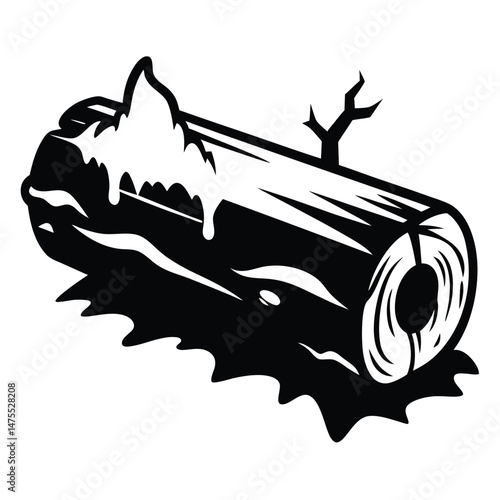 Striking monochrome drawing shows a log partially covered in sap with a jagged base