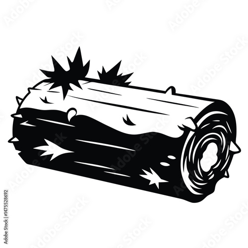 Detailed monochrome depiction shows a sturdy wooden log with sharp spikes and distinct patterns