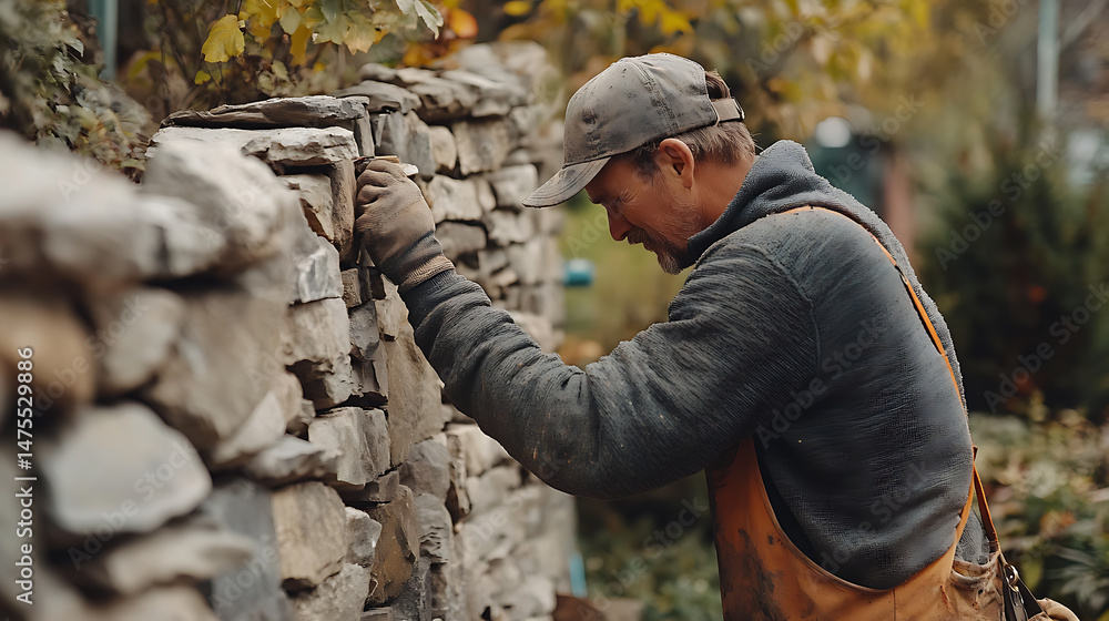 Naklejka premium Man Constructing a Stone Wall