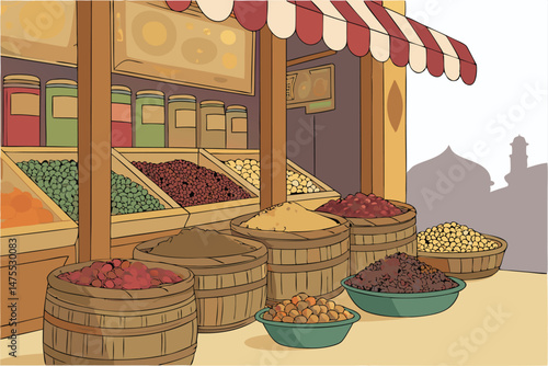 15 colorful, vibrant, market stall, variety of dried fruits and nuts, textures, patterns, baskets, jars, spices, aromas, bustling atmosphere, crowded, lively, street market, India, Morocco, Istanbul