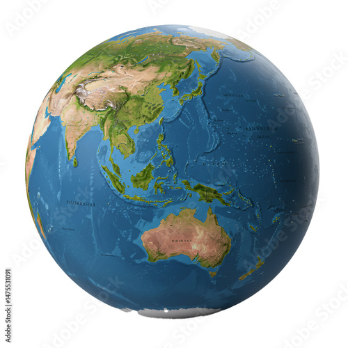 Earth globe displaying the asia australia side with topographical features