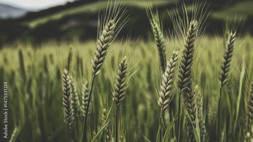 Lush Green Wheat Field with Rolling Hills in the Background Under Overcast Skies Lush Green Wheat Field with Rolling Hills in the Background Under Overcast Skies