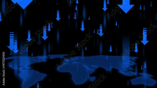 Wallpaper Mural Digital World Map with Falling Arrows Animation, A digital world map with falling arrows in white and gray, set against a black background Torontodigital.ca