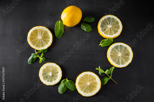 Fresh juicy lemon slices on black background. Cocktail ingredient - mint leaves and lemon. Food background.