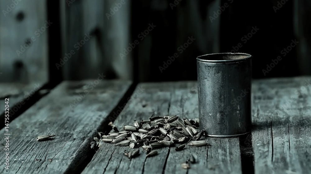 Sunflower seeds with old tin, and wood. Sunflower seeds with old tin, and wood.