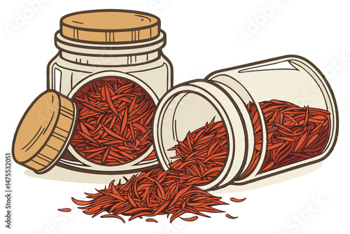 16 Two glass jars filled with vibrant, crimson-colored spice or powder, set against a plain, light background, photographed in high detail