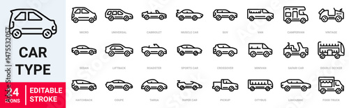 Car Type and Model web line icons. Variants of automobile body silhouette