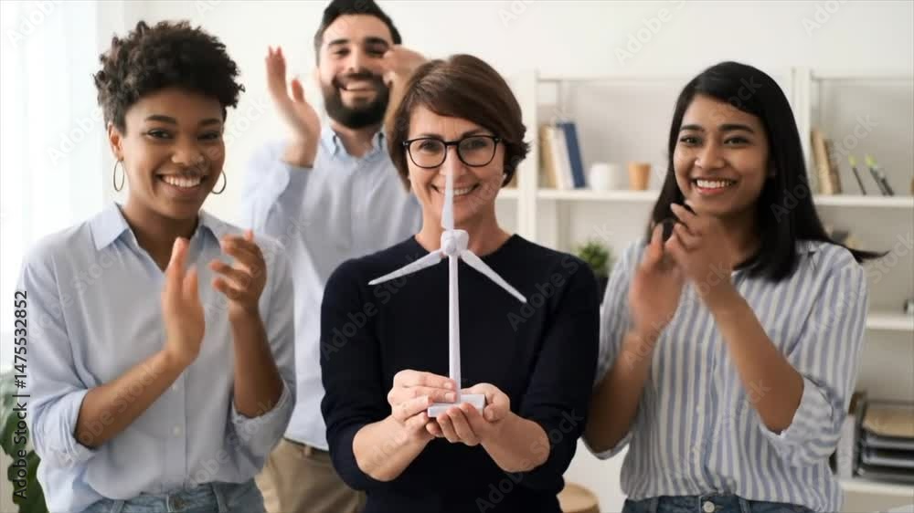 A joyful gathering of four people, including Black, White, and Asian individuals, applauds a renewable energy model showcasing a wind turbine A joyful gathering of four people, including Black, White, and Asian individuals, applauds a renewable energy model showcasing a wind turbine