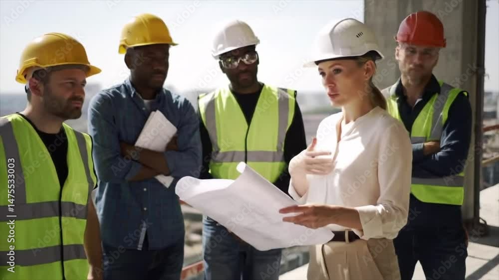 A team of construction workers and an engineer are gathered at a site discussing blueprints and project details. The diverse group focuses on planning and collaboration A team of construction workers and an engineer are gathered at a site discussing blueprints and project details. The diverse group focuses on planning and collaboration