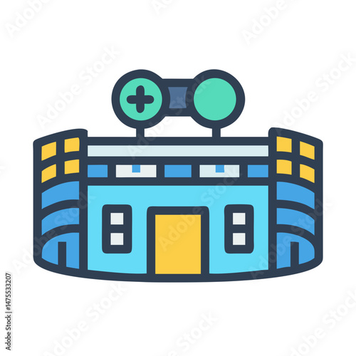 Gaming arena building with controller icon vector illustration
