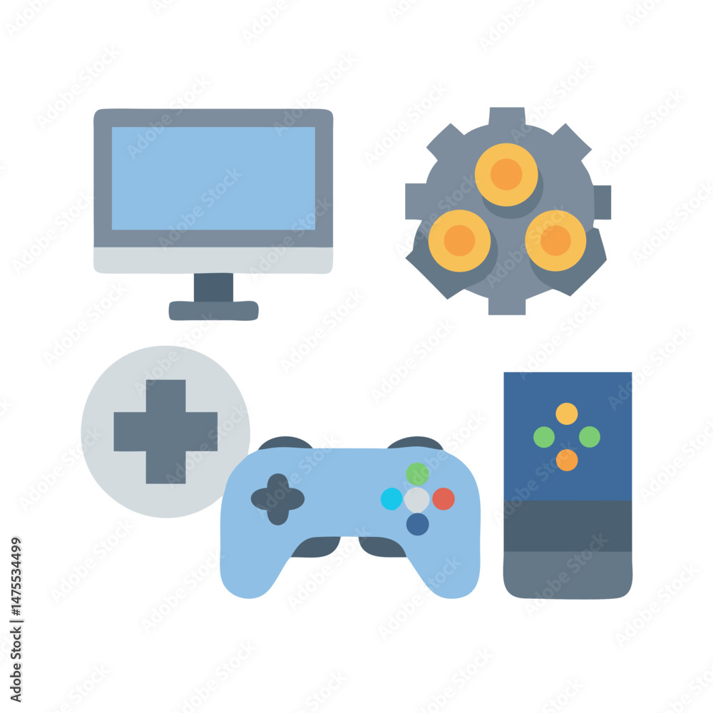 Video Game Set: Monitor, Controller, App, Gear Icon Video Game Set: Monitor, Controller, App, Gear Icon