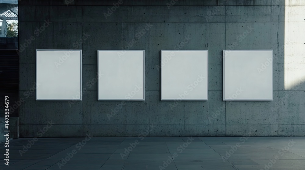 Four blank canvases mounted on a concrete wall. Four blank canvases mounted on a concrete wall.