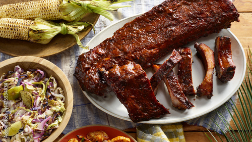 BBQ spread with ribs and grilled corn