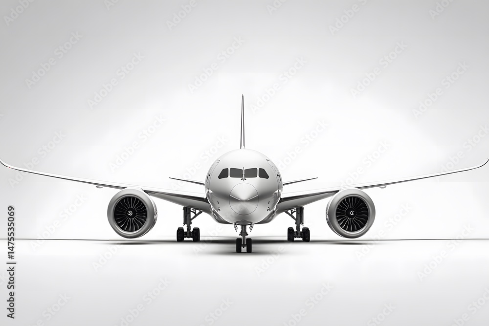 Fototapeta premium Front view of a passenger airplane with white background in a studio shot with landing gear down