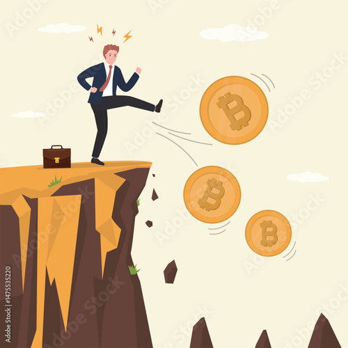 Businessman investor throw away bitcoin. Angry trader kick cryptocurrency in abyss. Sale of crypto assets. Failure business strategy concept