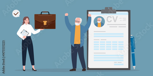 Aged job seeker with excellent resume. Employer or hr agent offers job to elderly businessman after interview. Woman boss give business case. Recruitment and interview process.