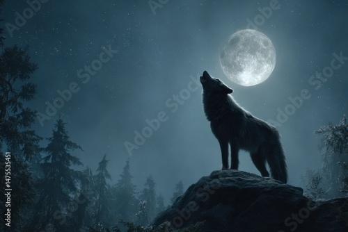 Silhouette of a wolf howling at the moonlit night.