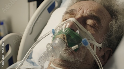 Man with Oxygen Mask Reflecting on Old Cigarette Packet Emotionally
