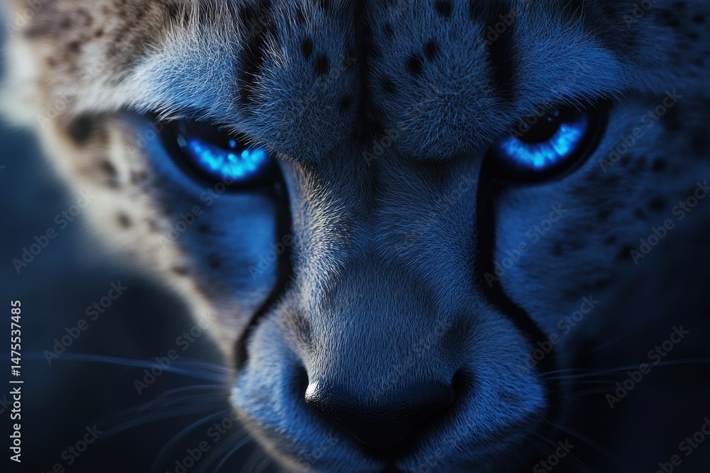 Obraz premium Striking close-up of a wild cheetah with captivating blue eyes in a natural habitat, The blue eyes of th wild animal cheetah as seen on a closer look AI generated