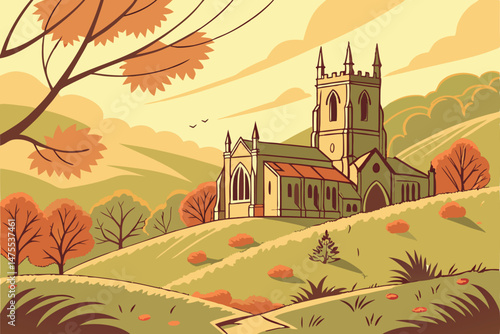 19 medieval gothic church, rolling green hills, autumn foliage colors, soft focus, golden hour lighting, picturesque landscape, architectural detail, serene atmosphere, idyllic countryside, realistic 