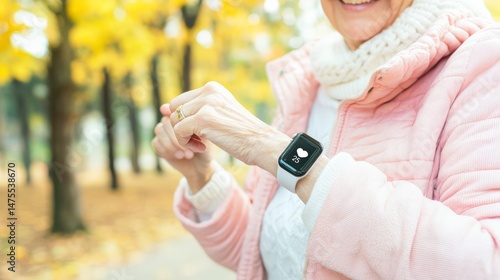 Smiling Woman Tracking Her Steps with Smartwatch in Autumn Park
